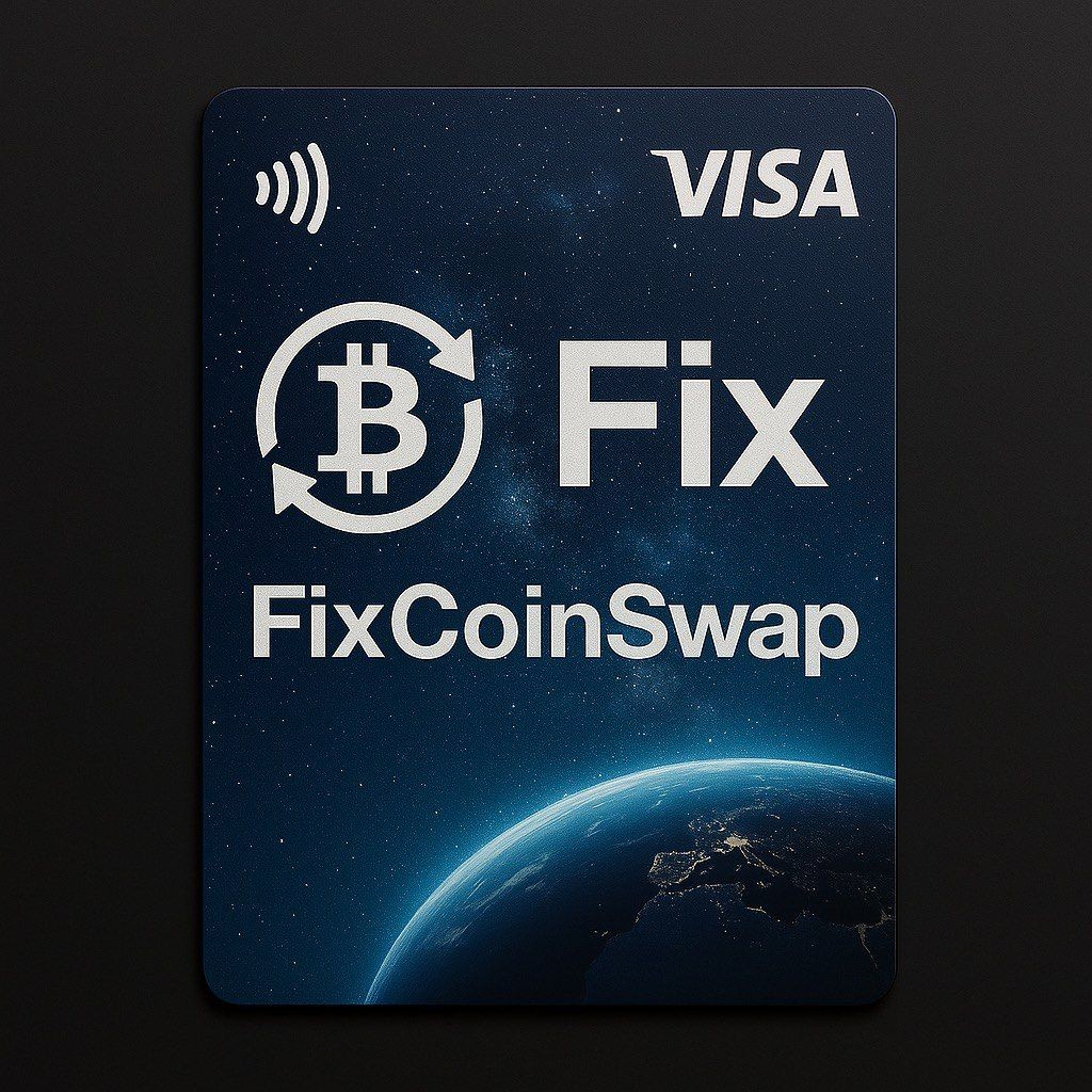 FixCoinSwap advertisement featuring Bitcoin logo and Visa branding, set against a cosmic background with Earth.